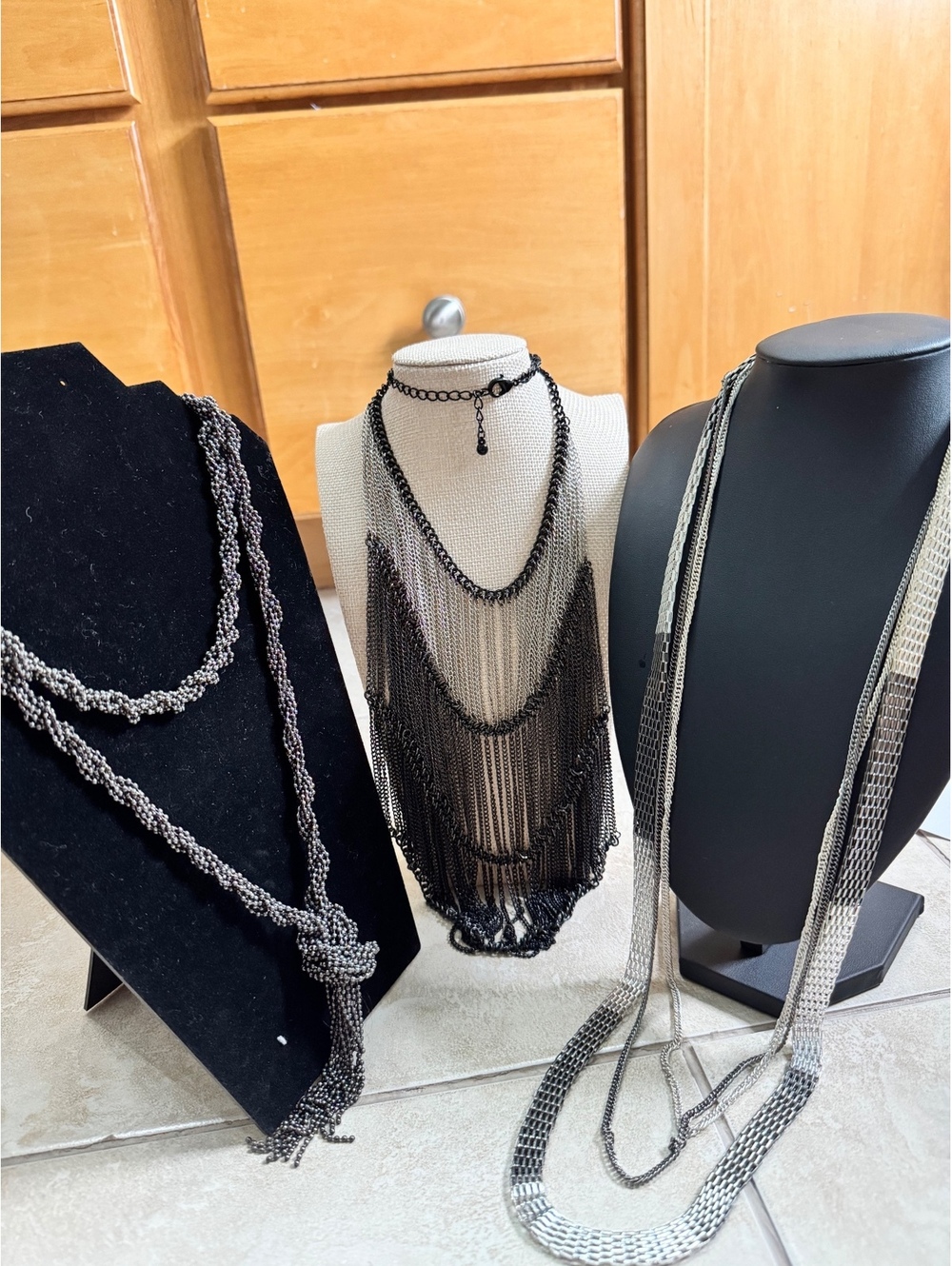 Heavy Vintage Goth Necklace 3 pc Lot, Statement, Gunmetal Chain, Mesh, Fringe